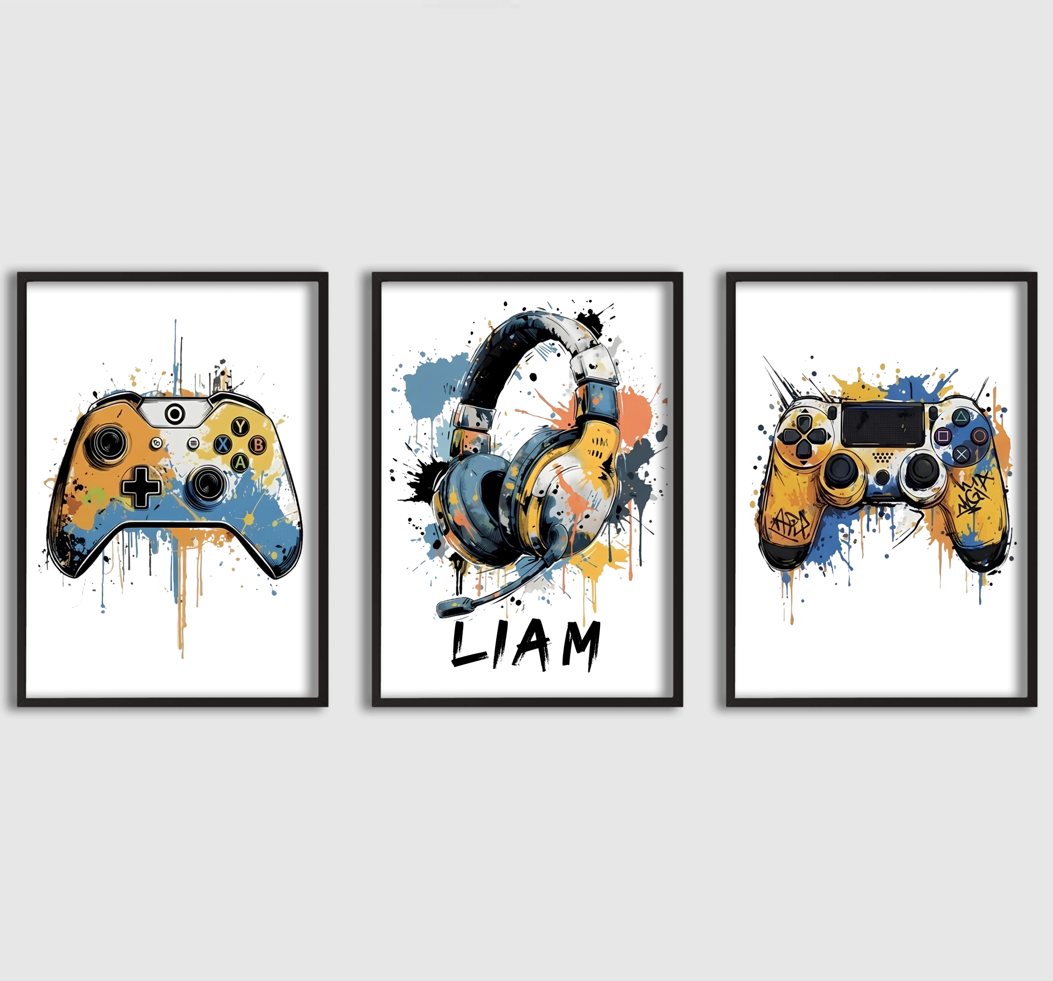 'Personlig Plakat - Gamer Navn Fargesprut - Sett med 3'