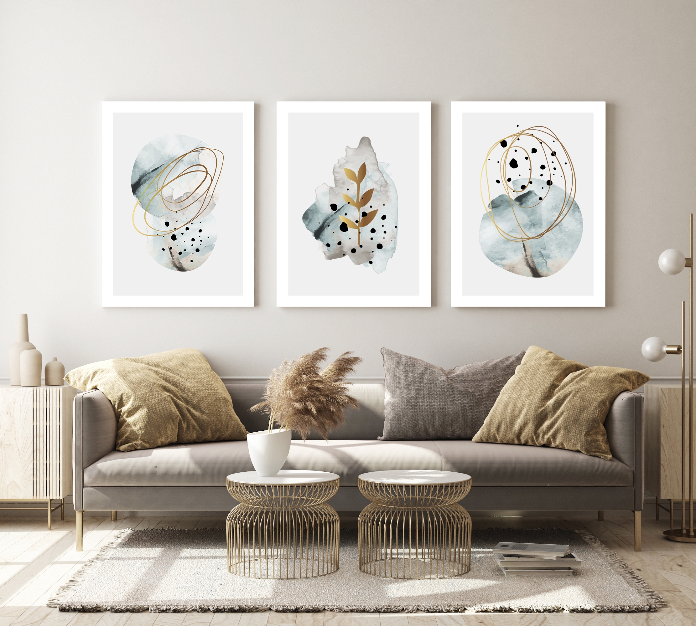 Plakater - Moderne kunst / Gyldent blad / sett med 3