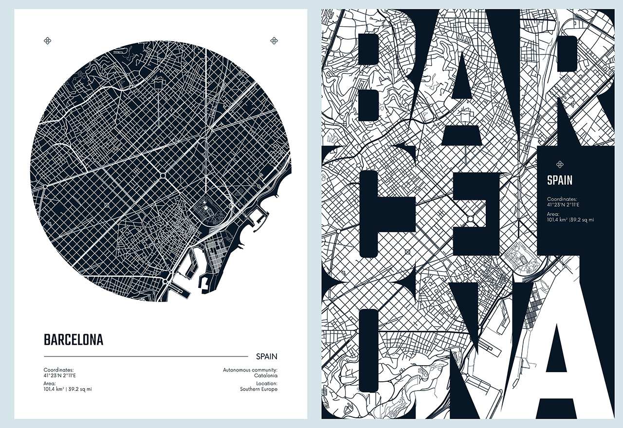 Plakat - Barcelona Kartdesign / Sett av 2