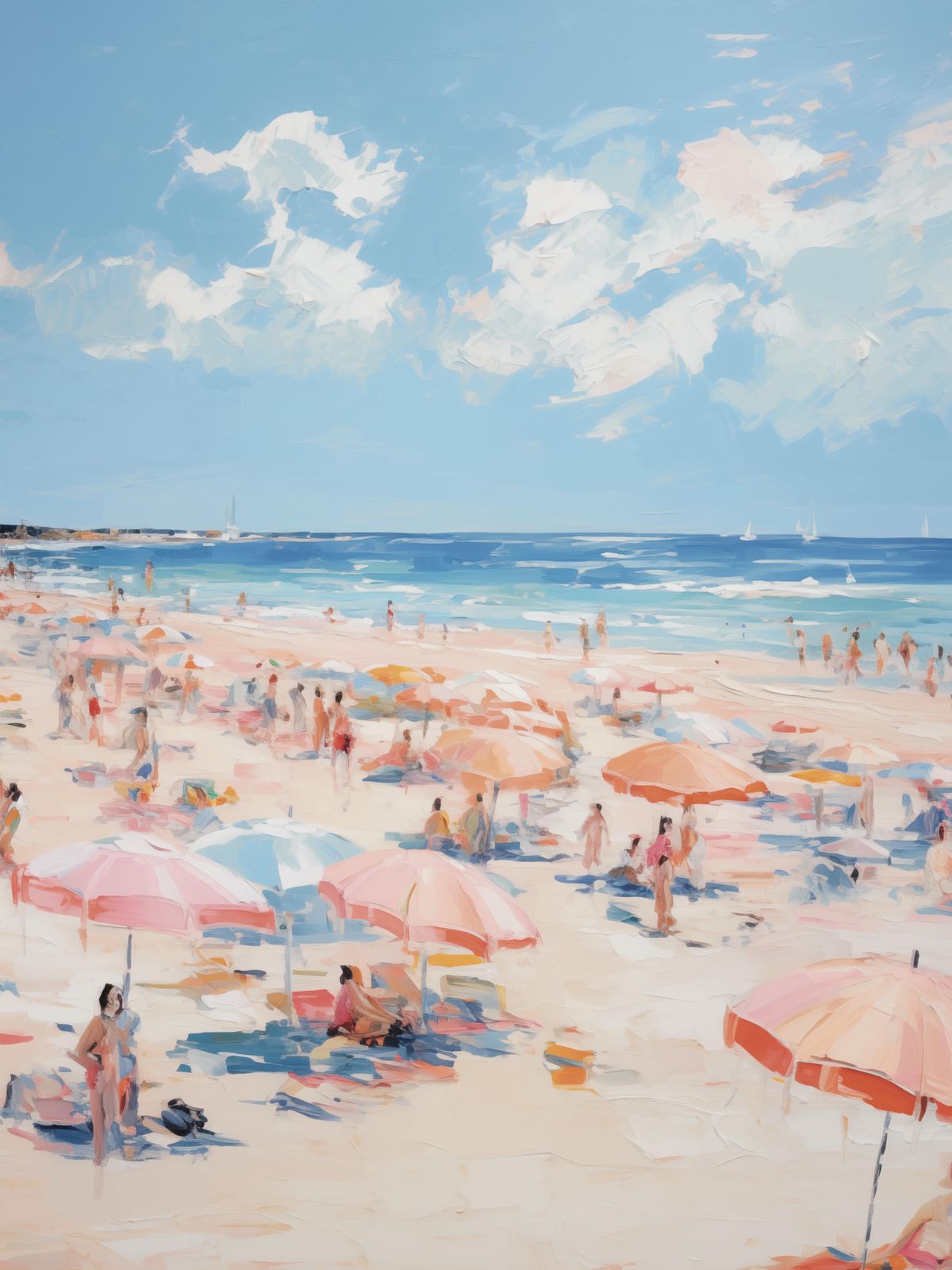 Poster - Strandscene med Paraplyer