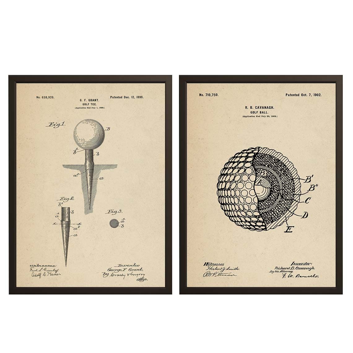Patenttegning Plakat - Golfball og Tee / Sett med 2