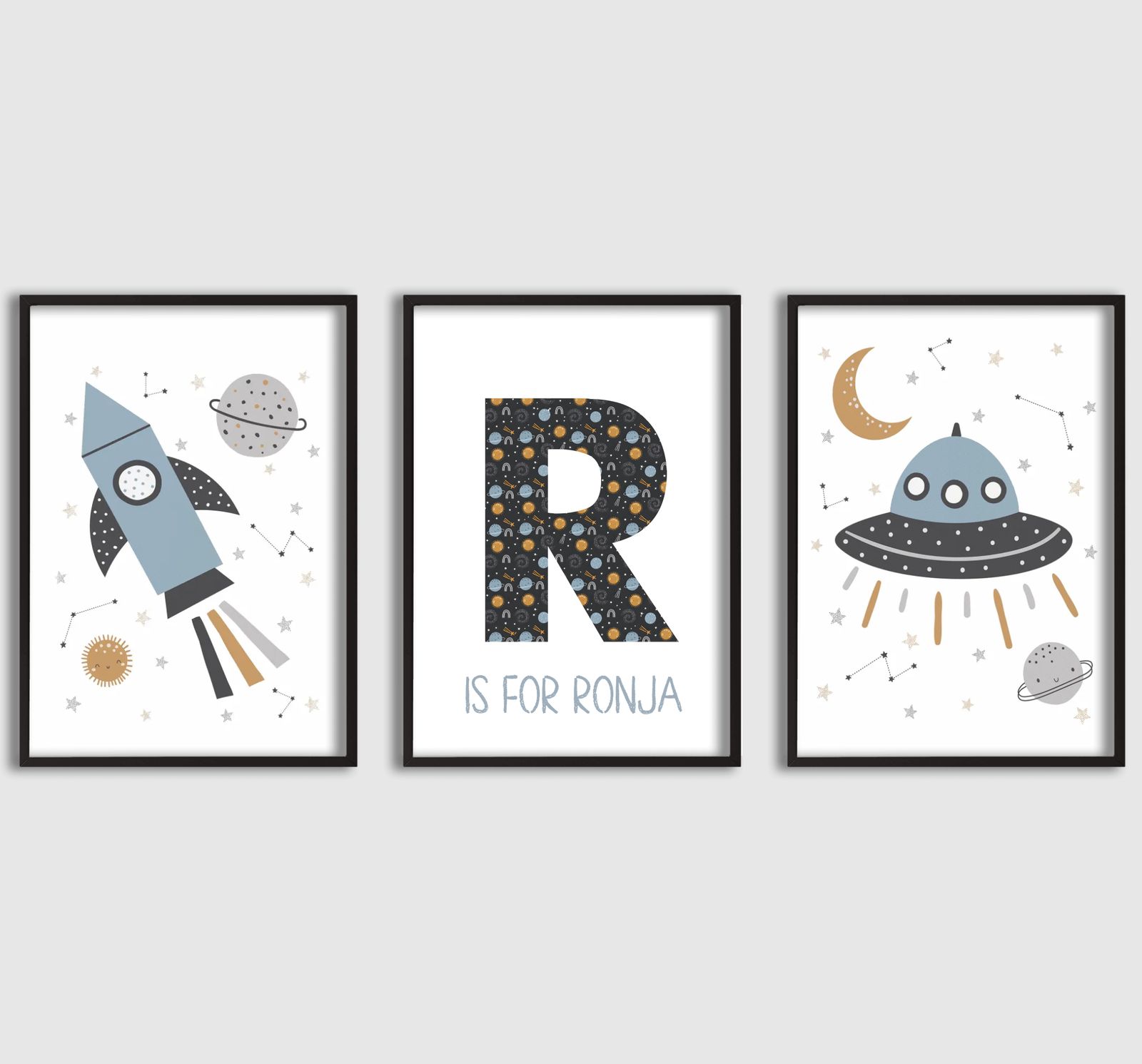 Personalisert Plakat - UFO og Rakett Navneplakat - Sett med 3