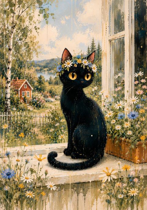 Plakat - Blomsterkrone Katt ved Vinduet