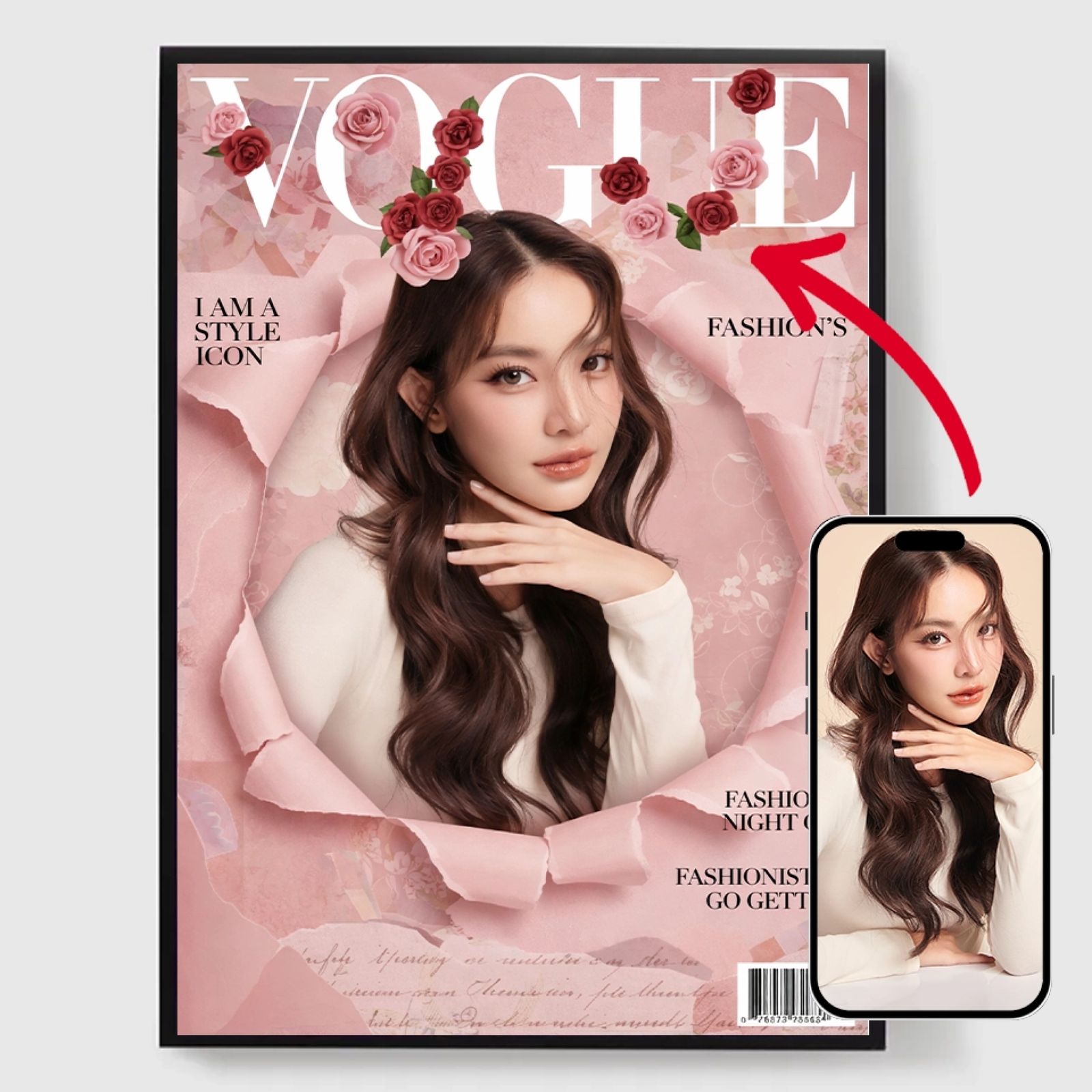 Personalisert Plakat - Vogue Rose Portrett - AI Plakat