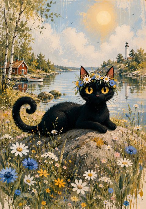 Plakat - Svart Katt i Blomster
