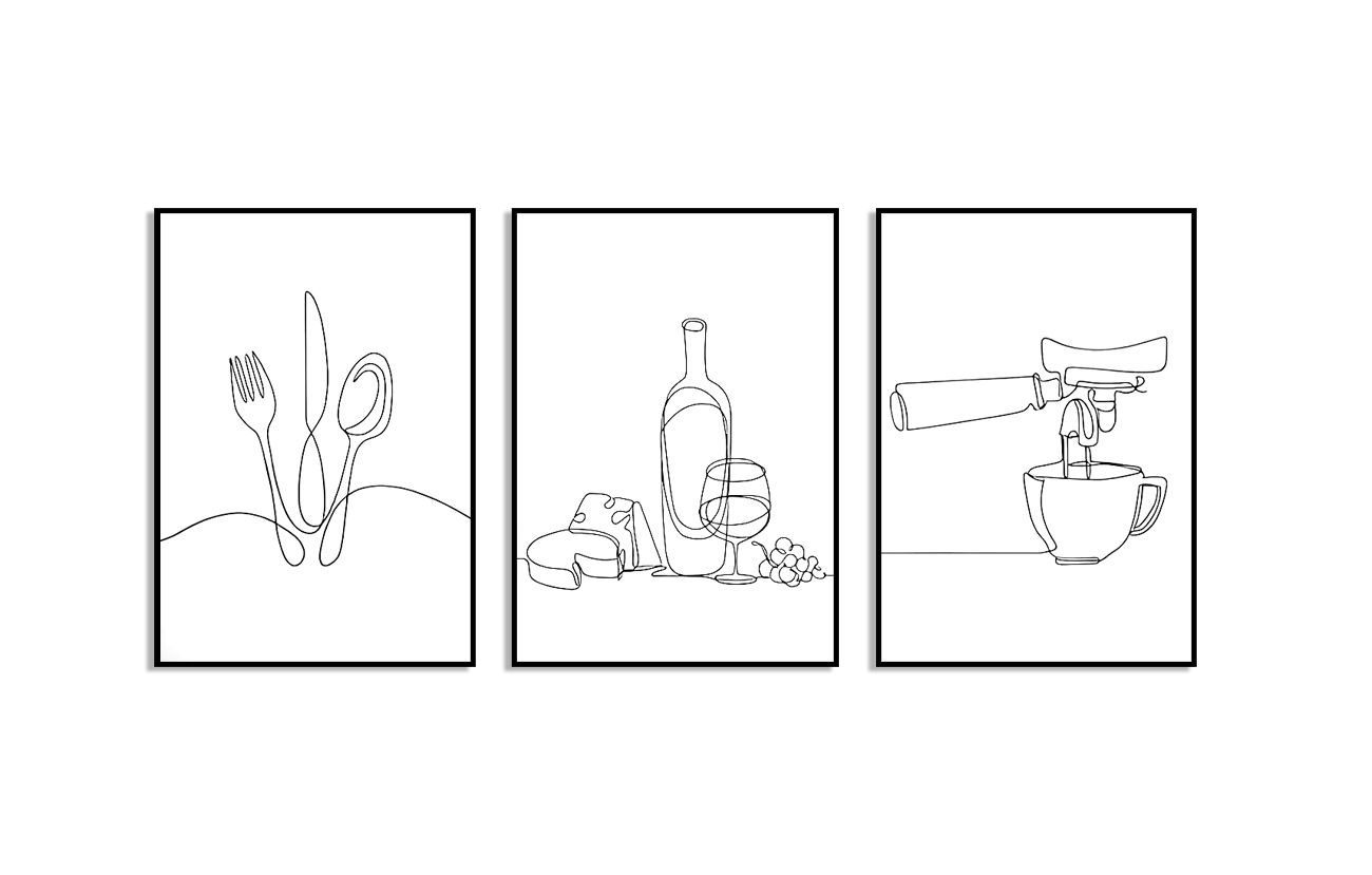 Minimalistisk kjøkken line art plakat - Sett av 3