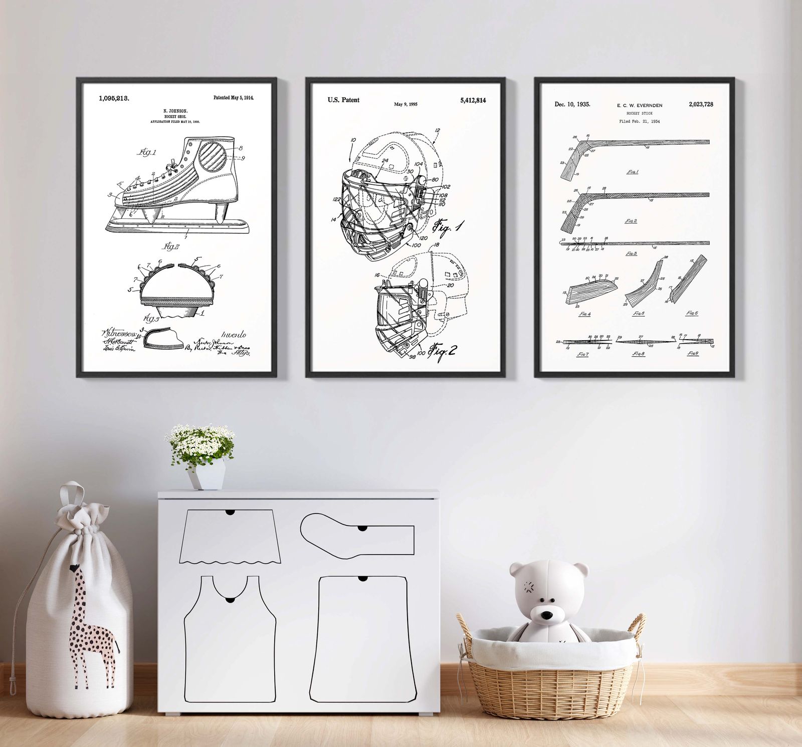 Patenttegning Plakat - Ishockey / Sett med 3