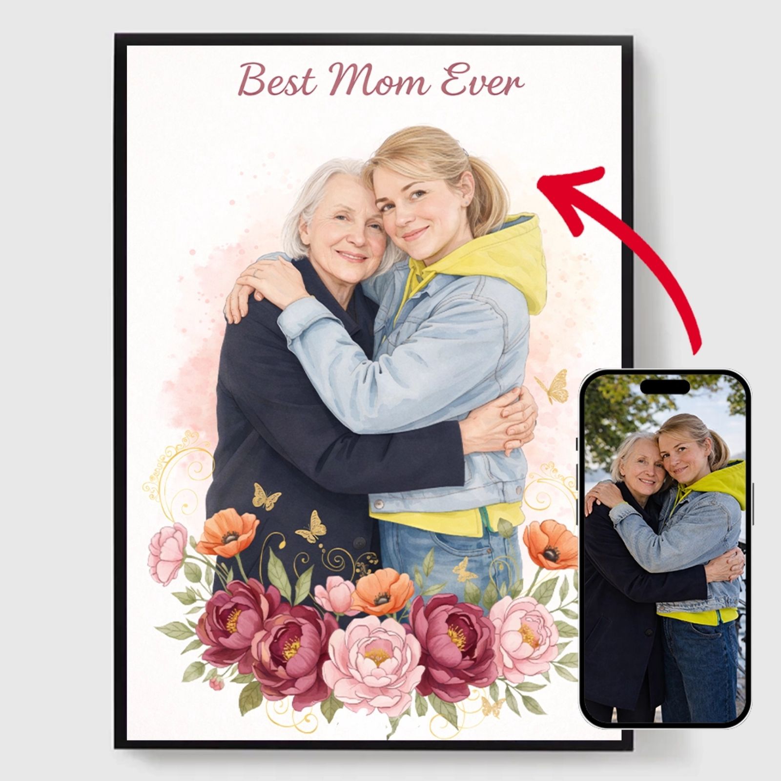 Personalisert Plakat - Blomsterportrett av Mor og Datter - AI Plakat